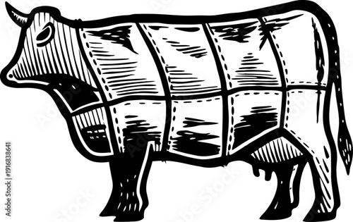 cow butcher diagram showing meat cuts with clear section divisions in black and white illustration