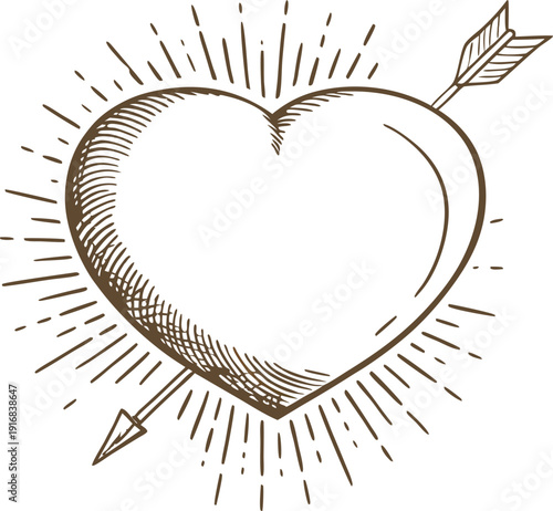 Hand drawn heart pierced by arrow with radiant lines, vintage romantic love symbol illustration