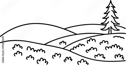 Minimalist landscape with rolling hills and a solitary pine tree line art drawing