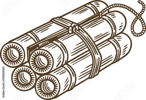 Bundle of dynamite sticks tied together with fuse, explosive device illustration