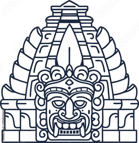 Ancient temple entrance with mythological stone face carving and intricate architectural details