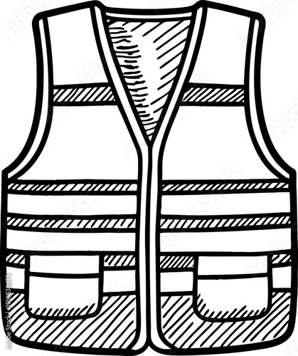 Safety vest illustration with reflective stripes and front pockets detailed drawing of workwear