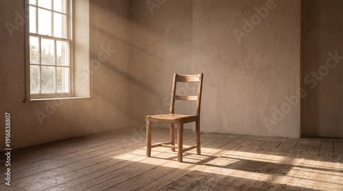 Wallpaper Mural Empty Room with Solitary Wooden Chair Bathed in Sunlight from a Large Window. Torontodigital.ca