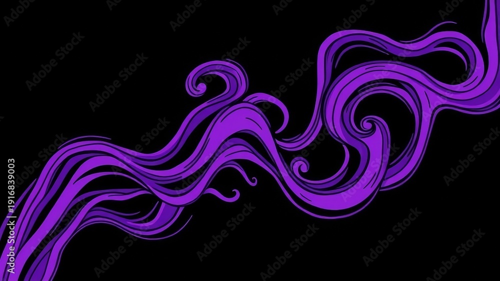 Fototapeta premium Illustrated cartoon style purple smoke wisps swirling design on black background.