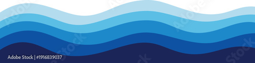 Horizontal blue wave banner, layered ocean waves, stylized water background, gradient blue stripes, minimalist sea illustration, seamless ocean border, decorative marine design, abstract water vector 
