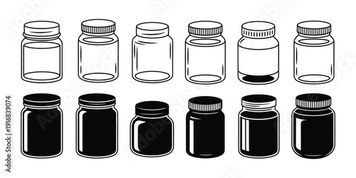 Glass And Plastic Jar Illustration Set, Comprehensive Set Of Empty Bottle And Jar Shapes Including Kitchen Storage Containers And Packaging Icons For App, Web, And Product Design Projects.