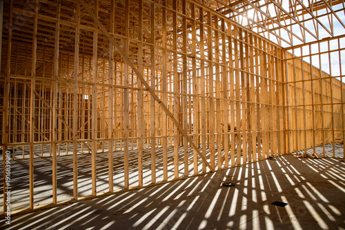 Interior of wood frame commercial building  under construction.