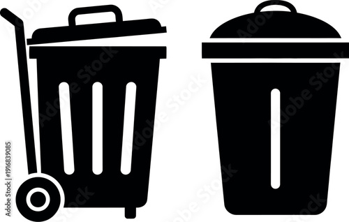 Two types of waste bins: a mobile trash cart and a stationary trash can.