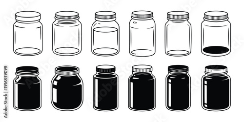 Glass And Plastic Jar Illustration Set, Empty Container Shapes Bottle Packaging Designs Storage Jars And Kitchen Container Icons For Product Design In Flat And Line Vector Style.