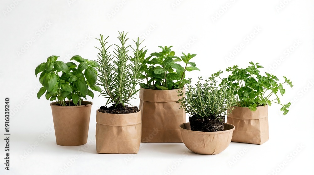 Fototapeta premium Fresh Aromatic Herbs in Eco-Friendly Pots on White Background.
