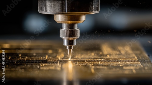 Closeup of CNC milling machine cutter generating sparks and metal shavings while cutting solid aluminum block in industrial workshop