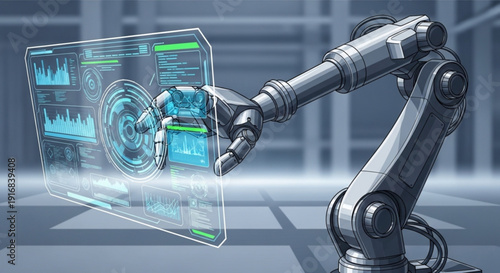 Robotic arm interacts with futuristic holographic interface in industrial setting with blue tones