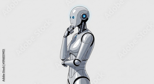 Futuristic robot with blue eyes thinking and posing in a contemplative stance on a plain background