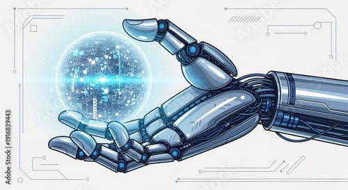 Robotic hand holding glowing blue orb with circuit board background and futuristic tech design elements