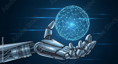 Robotic hand holding glowing blue sphere with network connections futuristic technology and artificial intelligence concept