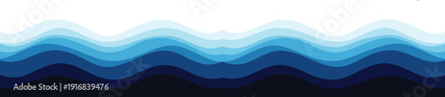 Abstract blue wave background, horizontal ocean swells, smooth gradient layers, flowing water, fluid shapes, seamless banner, modern design, calming teal, navy, cyan, vector-style illustration