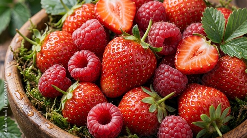 Freshly picked ripe strawberries and raspberries in a rustic wooden bowl.