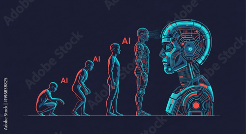 Evolution of human to robot neon blue and red illustration showing ai transformation from crouching human to android with mechanical head and body parts