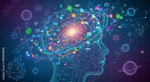 Human head profile with glowing brain surrounded by digital icons and futuristic elements in neon blue and purple hues