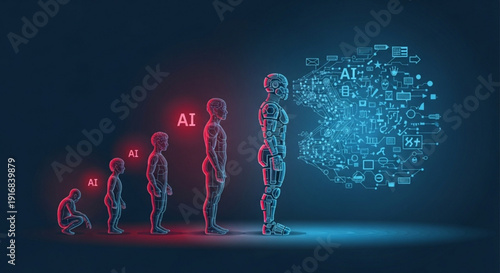 Humanoid figures evolving through stages with ai integration transforming into a complex digital brain with various symbols and codes