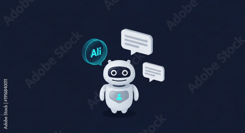 Ai robot with speech bubbles on dark background symbolizing artificial intelligence and communication