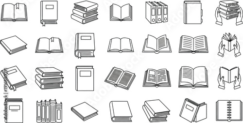 Black-and-white line art book icon set, 28 reading and library symbols, open and closed books, stacked books, notebooks, binders, hands holding books, educational, study, literature, minimal vector il