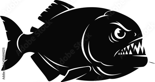 Piranha fish illustration silhouette, aggressive predatory aquatic animal icon sharp teeth bold design, vector artwork, wildlife and lifestyle theme, isolated background