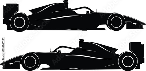 Formula 1 race car silhouette illustration set, two black icons side profile aerodynamic cockpit halo safety design, vector artwork, motorsport and transport theme, isolated background