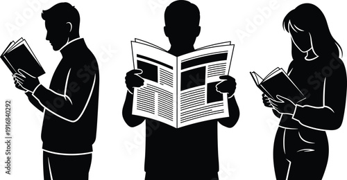 Reading activity silhouette illustration set, three black icons book newspaper posture design, vector artwork, education and lifestyle theme, isolated background
