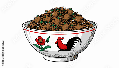 Bowl of Chicken Feed with Rooster Illustration.
