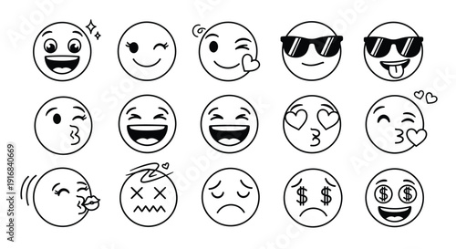 Hand-drawn chalk emoticon faces set, white sketch doodle icons on black background, smiling, laughing, winking, angry, sad, surprised, worried, shocked, distressed, playful, expressive, emotion, mood 