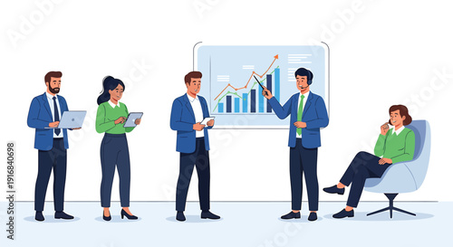 Business people discussing data on a graph in a meeting room.