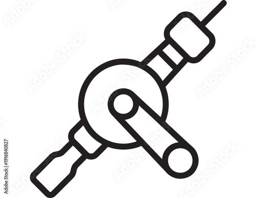 Hand crank drill icon in bold black outline, minimalist vector style on white background, representing DIY tools, carpentry, hardware repair and workshop equipment