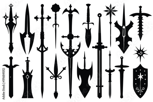 set of sword silhouette line art vector illustration with a white background