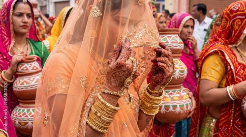 Indian women in traditional attire carrying pots during a religious procession.