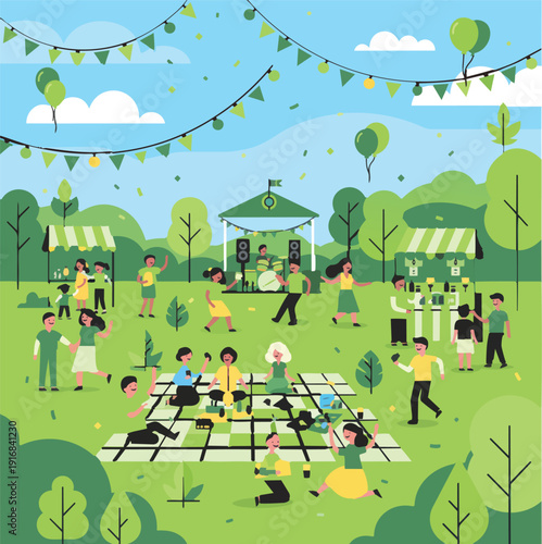 A lively flat vector illustration of a community festival in a green park featuring a live band on stage, people dancing, food stalls, and a large group enjoying a picnic on ST. PATRICK’S DAY