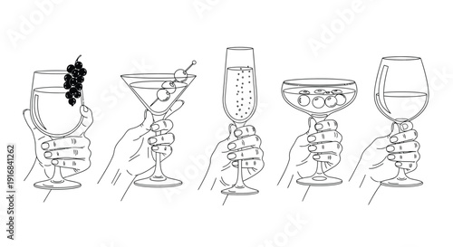 Minimalist line art hands holding wine and cocktail glasses, continuous black and white outline drawing, champagne flute martini coupe stemware, elegant celebration toast social drinking illustration