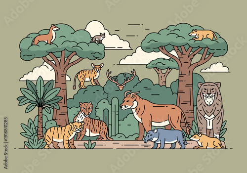 Diverse prehistoric animals and lush prehistoric flora depicted in a stylized jungle habitat with large trees and foliage creating a habitat scene