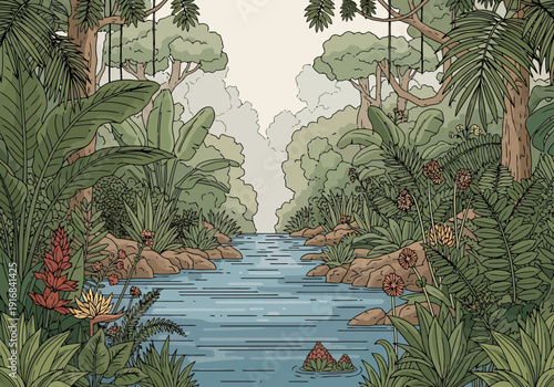 Lush Green Tropical Forest Landscape With Winding River Flowing Through Dense Vegetation And Exotic Plants Under A Hazy Sky
