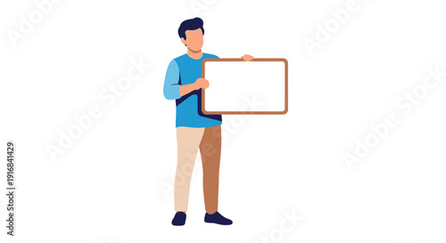 A man presenting a blank rectangular frame isolated on a white background