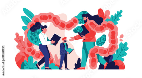 Medical professionals and scientists collaborating on research inside a large, stylized illustration of the human colon and digestive system.