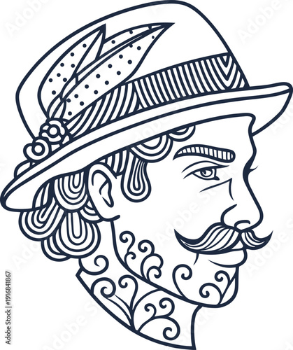 Vintage gentleman with mustache and tattoo wearing a stylish hat with feathers