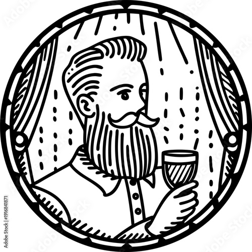 Bearded man holding a glass of wine with curtains background vintage round frame illustration