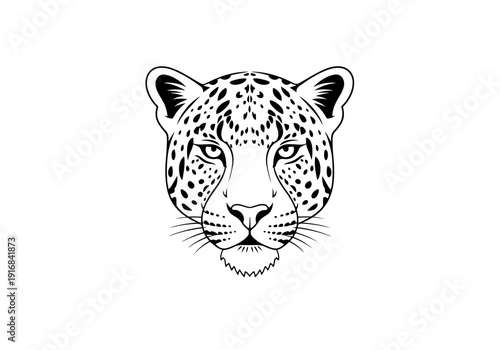 Close up Head Portrait Wild Big Cat Face Spotted Pattern Black and White Artistic Rendering Detailed Features Elegant Predator Staring Forward
