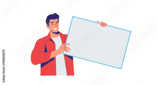 A smiling man presenting a blank rectangular frame or board