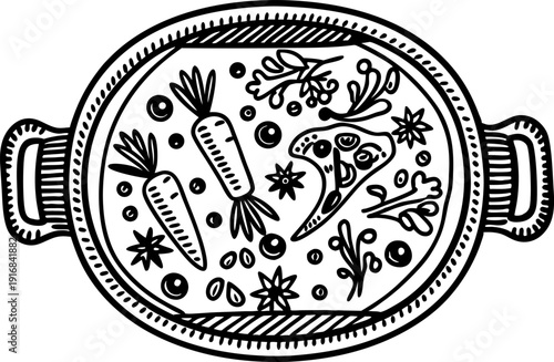 Illustration of a baked casserole dish with carrots, herbs, and spices in a decorative oven tray