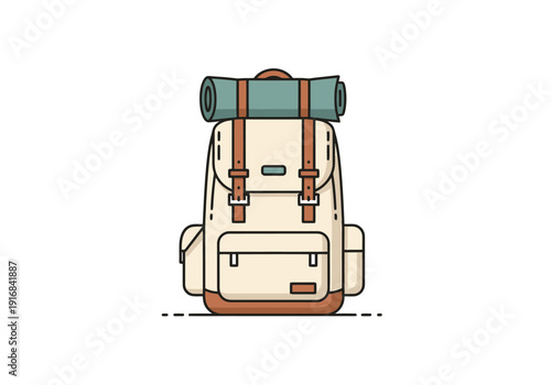 Adventure Backpack Packed For Outdoor Exploration And Wilderness Travel Gear With Attached Sleeping Roll Isolated White Background For Camping Trips