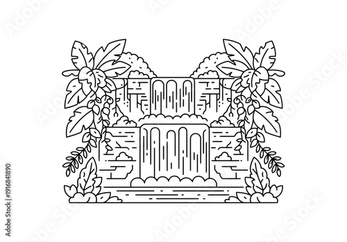 Serene Waterfall Scene with Lush Foliage and Water Elements in Minimalist Line Art Style