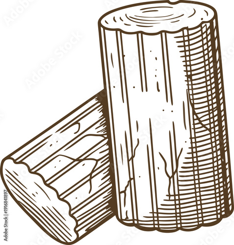 Hand drawn wood logs illustration, natural firewood pieces with bark texture and grain details