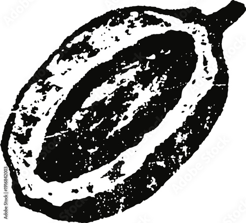 Black and white cocoa bean illustration half cut cacao pod with seeds visible vintage engraved drawing of chocolate base ingredient